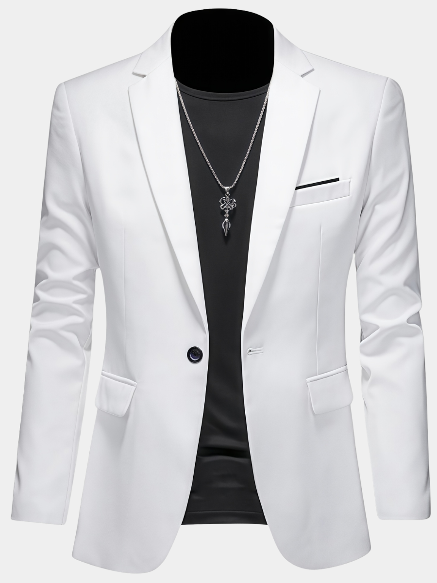 Men's white slim fit single breasted blazer with a lapel collar