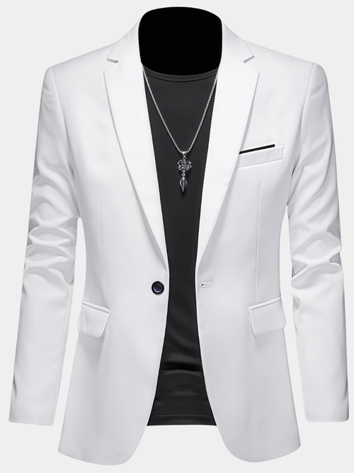Men's white slim fit single breasted blazer with a lapel collar