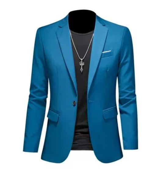 Men's light blue slim fit single breasted blazer with a lapel collar