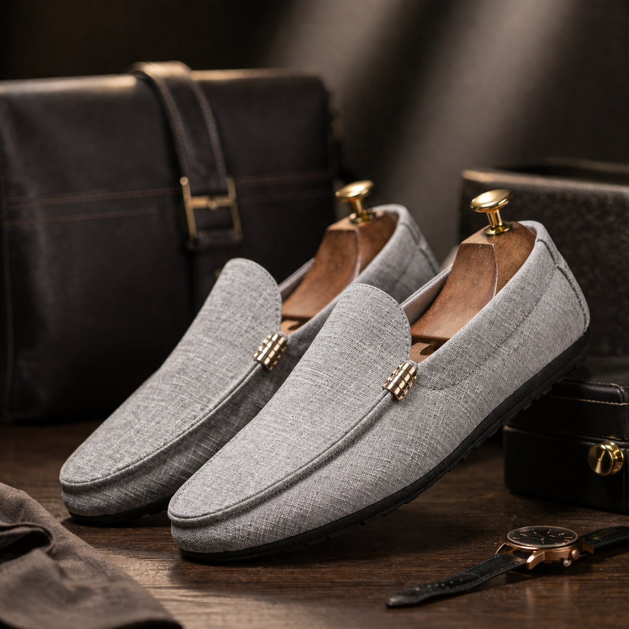 Men's grey slip-on canvas loafers with a flexible sole