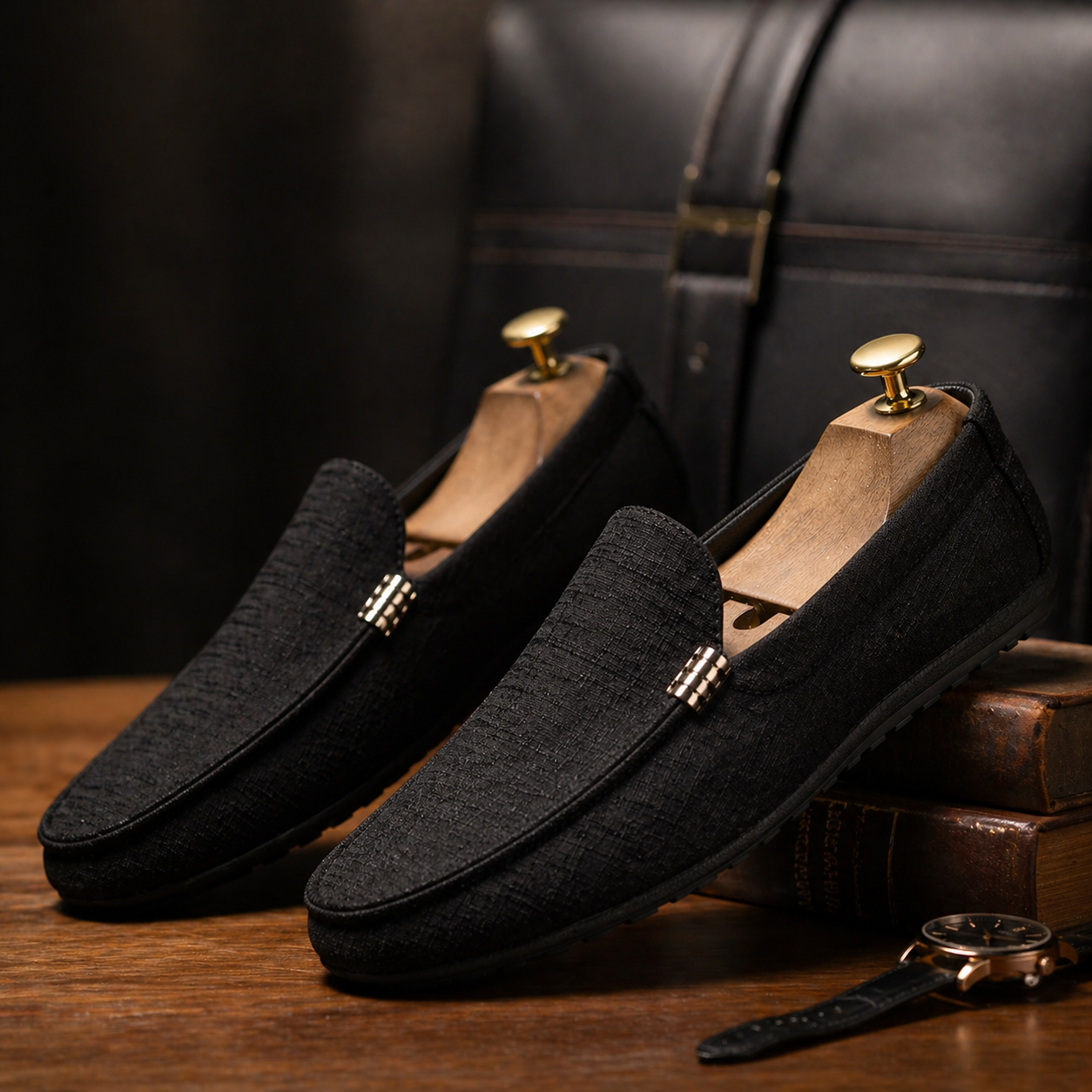 Men's grey slip-on canvas loafers with a flexible sole