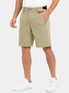 Men's khaki stretch chino shorts with an elastic waist