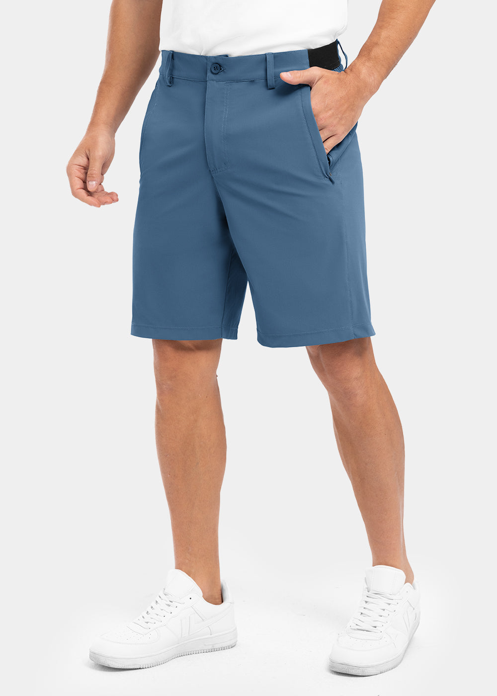 Men's khaki stretch chino shorts with an elastic waist