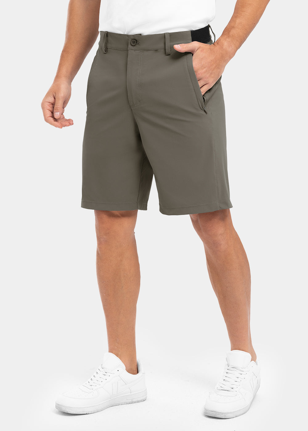 Men's khaki stretch chino shorts with an elastic waist