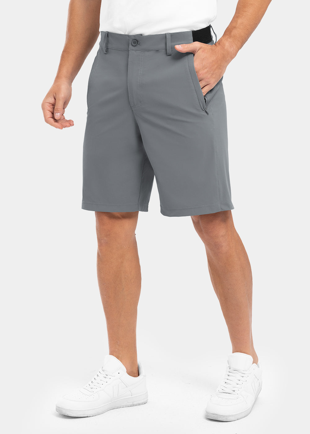 Men's khaki stretch chino shorts with an elastic waist