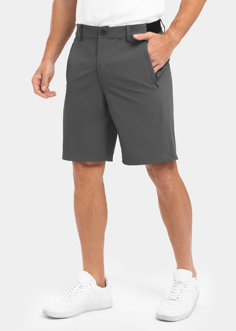 Men's khaki stretch chino shorts with an elastic waist