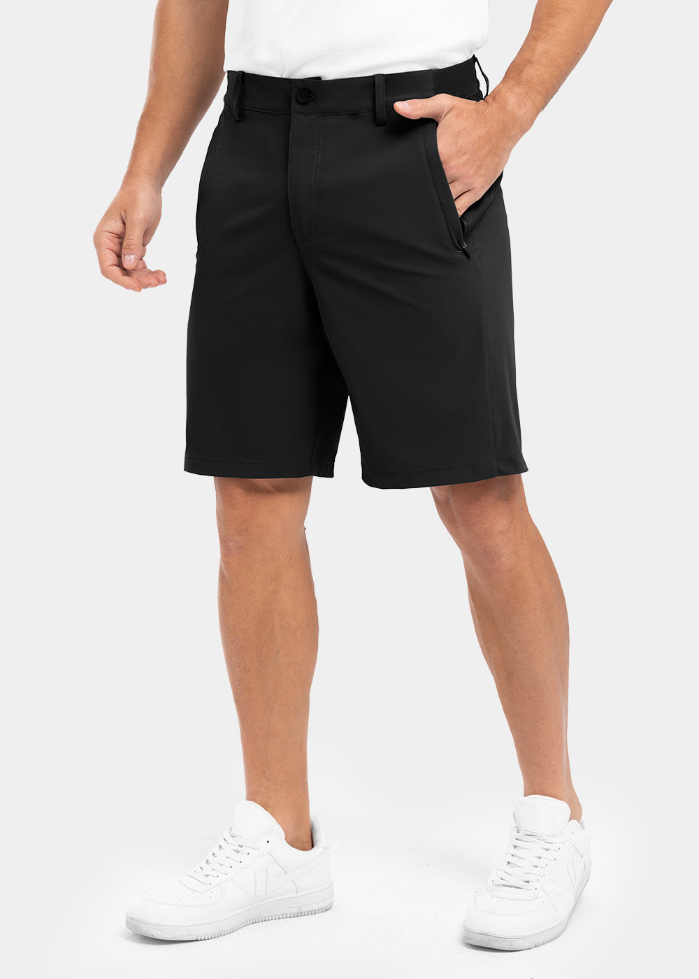 Men's khaki stretch chino shorts with an elastic waist