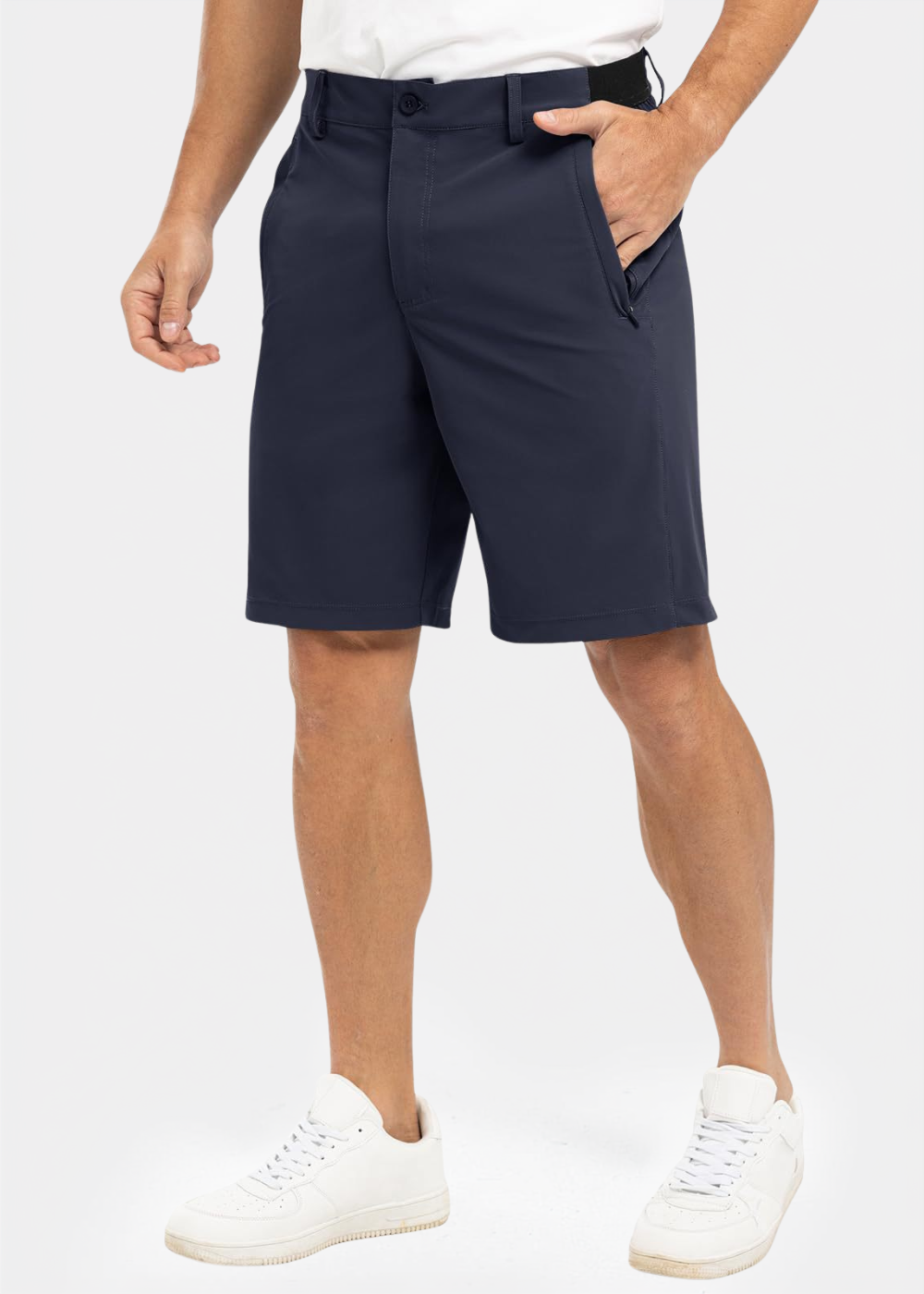 Men's blue stretch chino shorts with an elastic waist