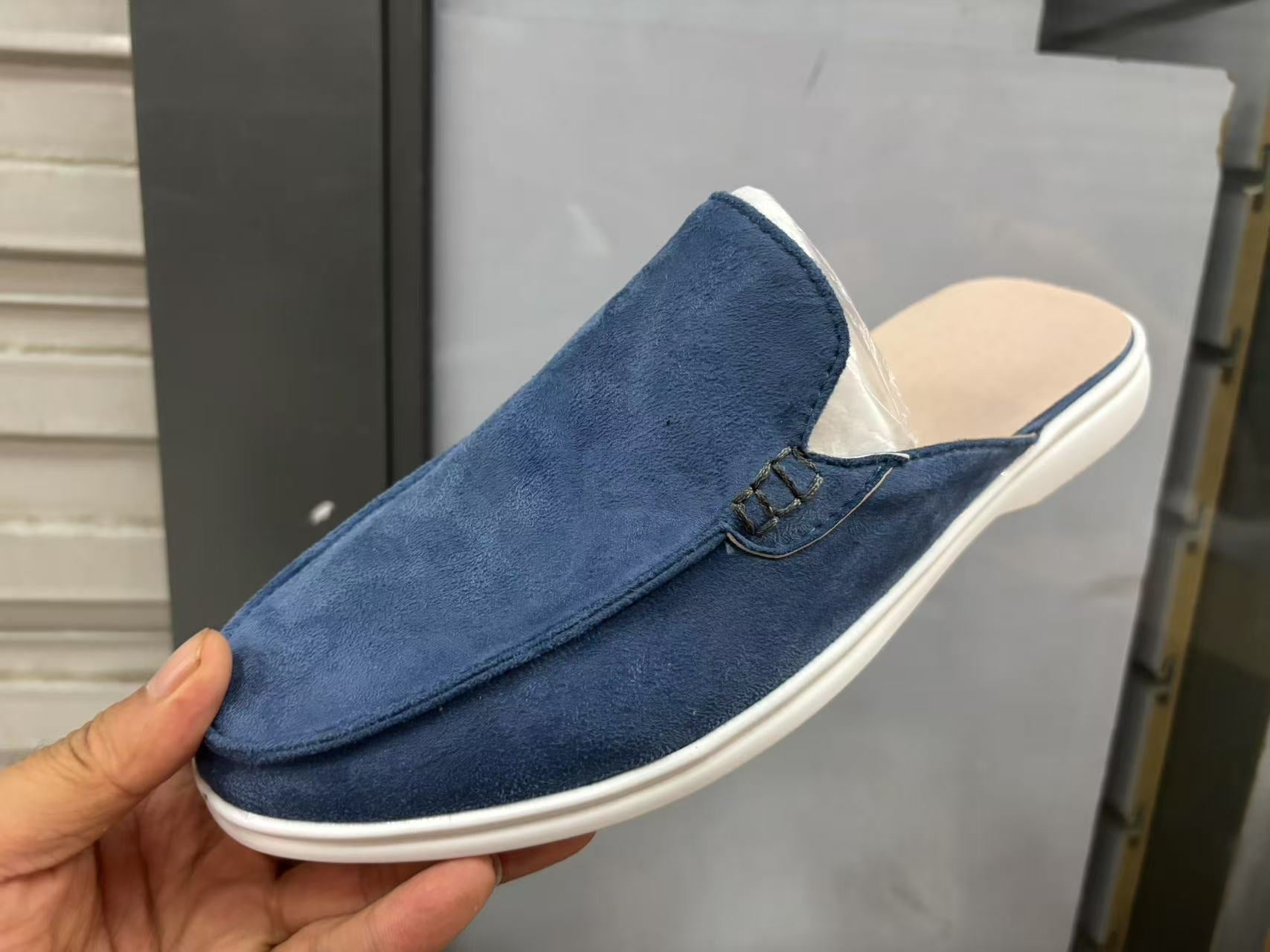 Men's beige suede mules with an open back