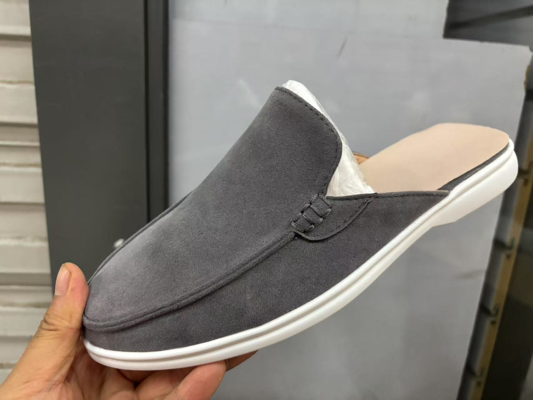 Men's beige suede mules with an open back