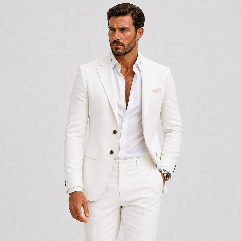 Men's white linen summer suit with a slim fit