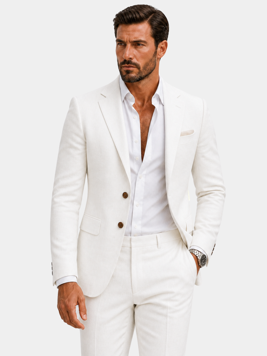 Men's white linen summer suit with a slim fit