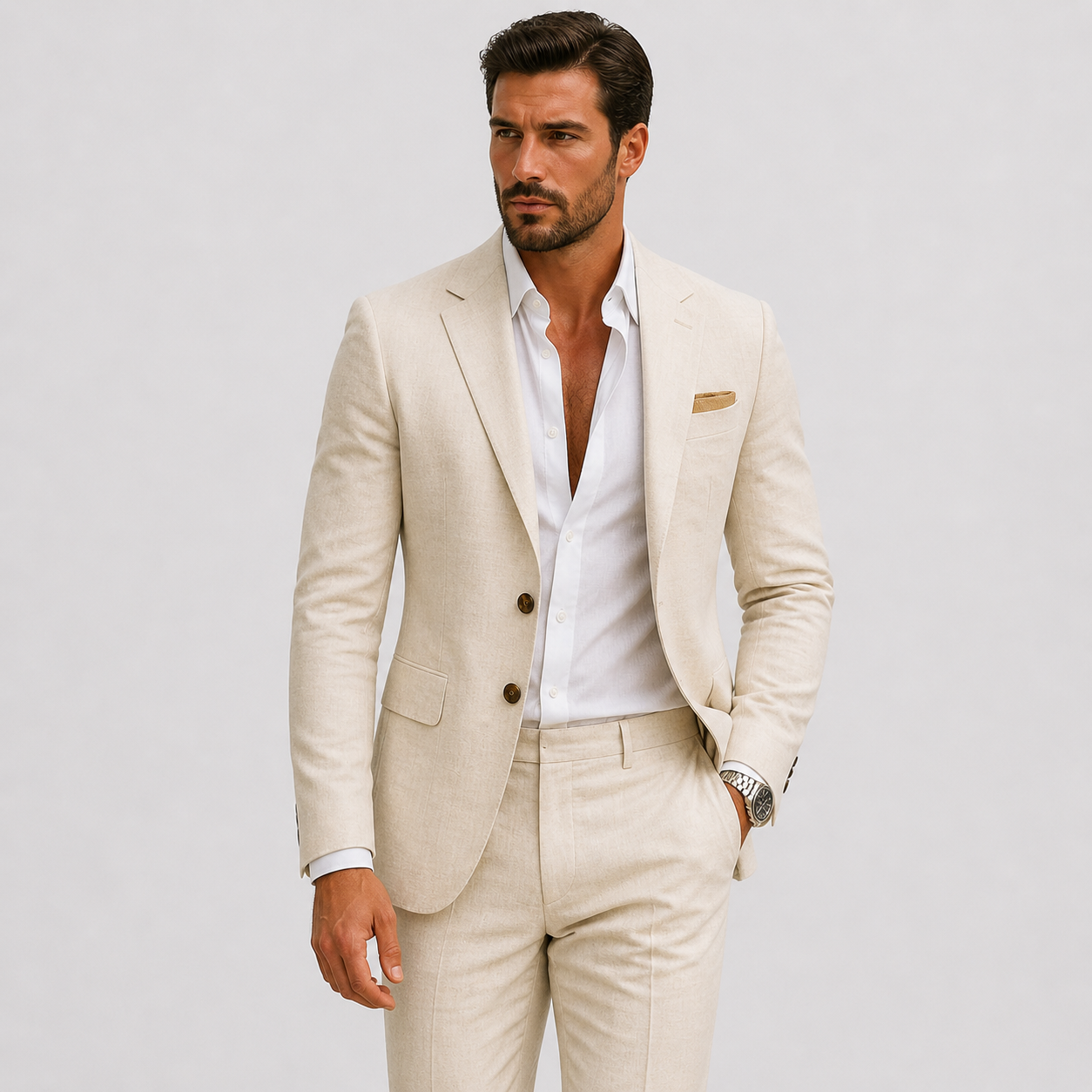 Men's white linen summer suit with a slim fit