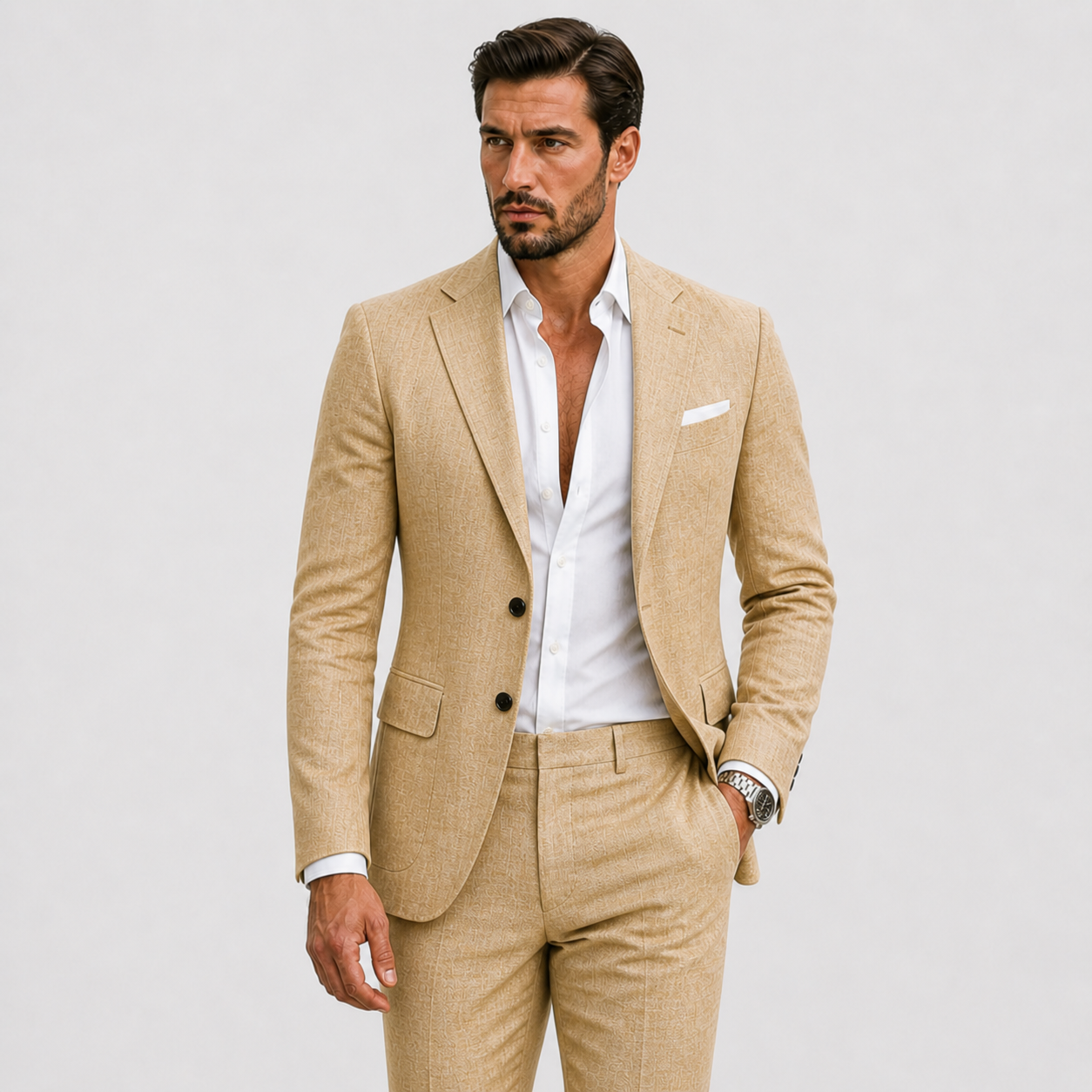 Men's white linen summer suit with a slim fit