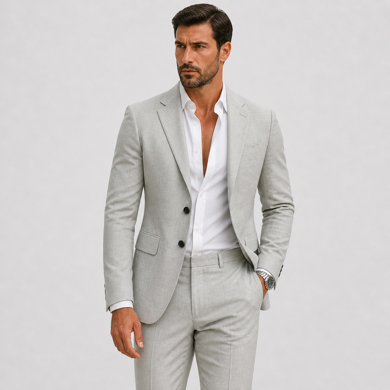 Men's white linen summer suit with a slim fit