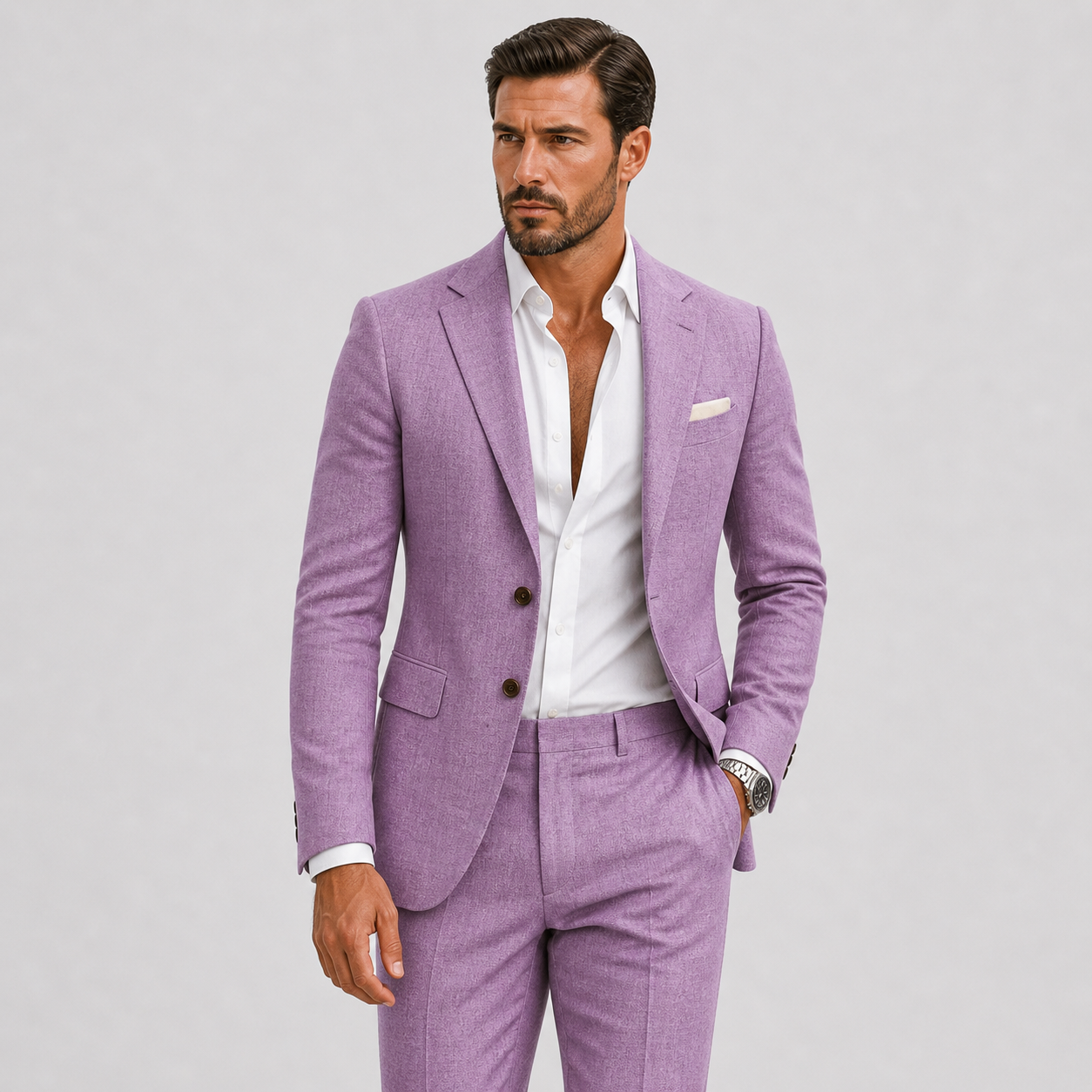Men's white linen summer suit with a slim fit