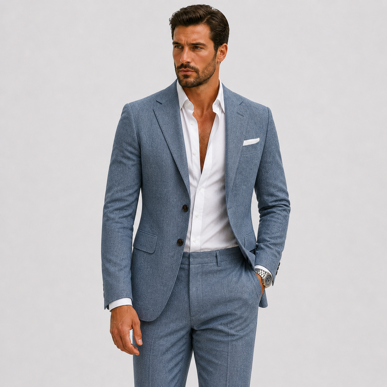 Men's white linen summer suit with a slim fit