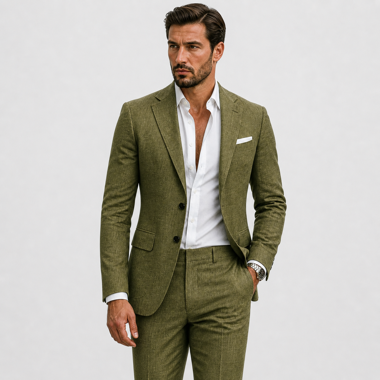 Men's beige linen summer suit with a slim fit