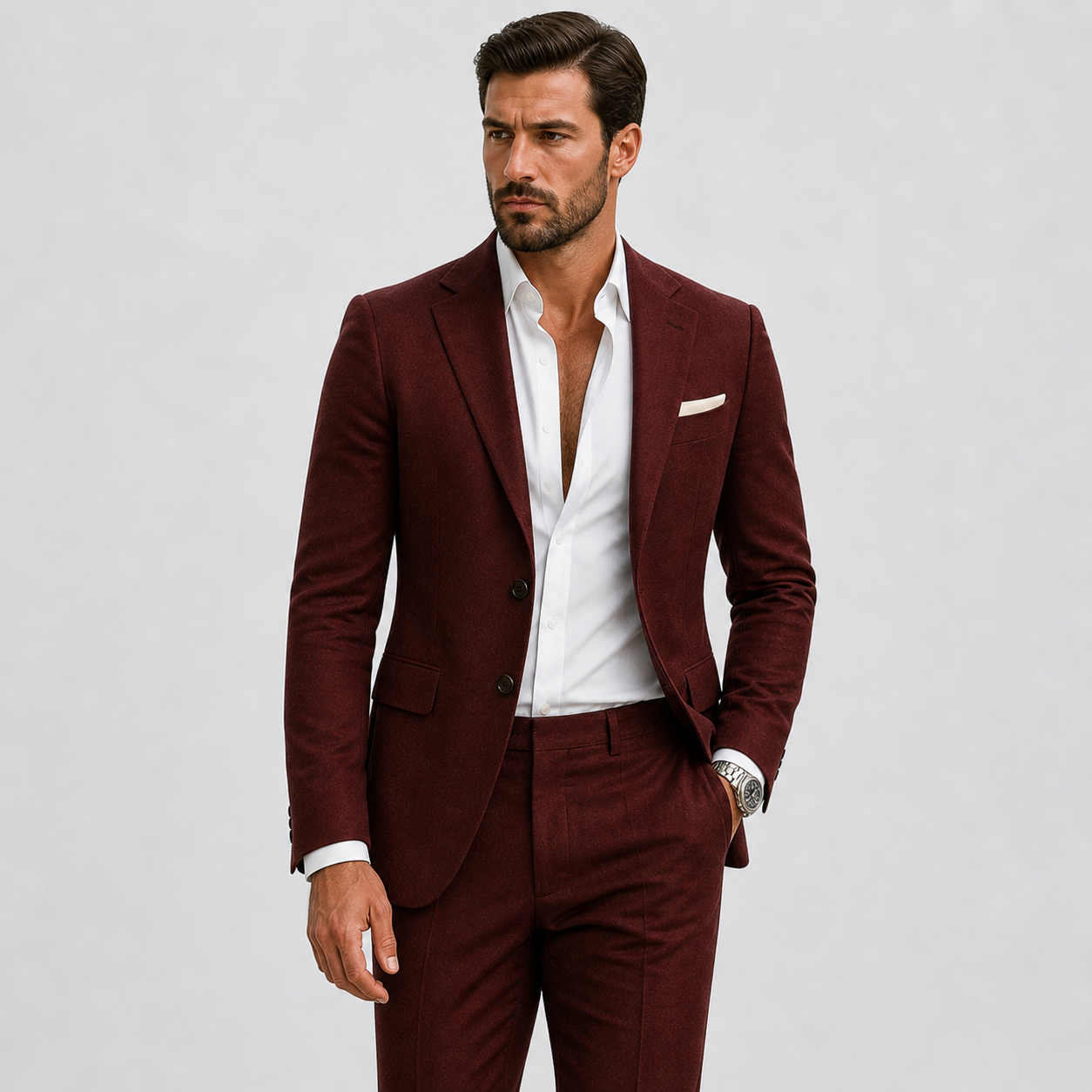 Men's beige linen summer suit with a slim fit