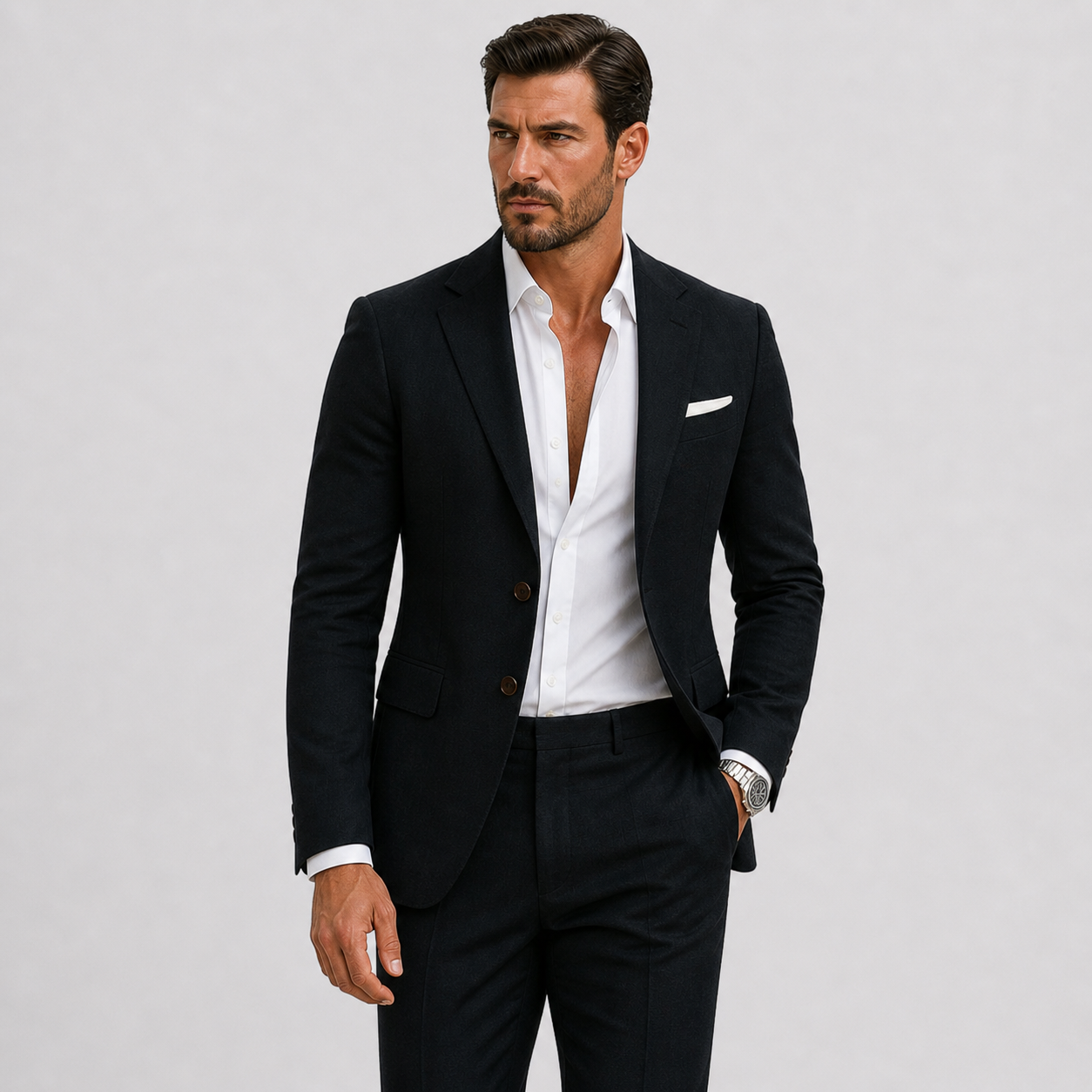 Men's beige linen summer suit with a slim fit