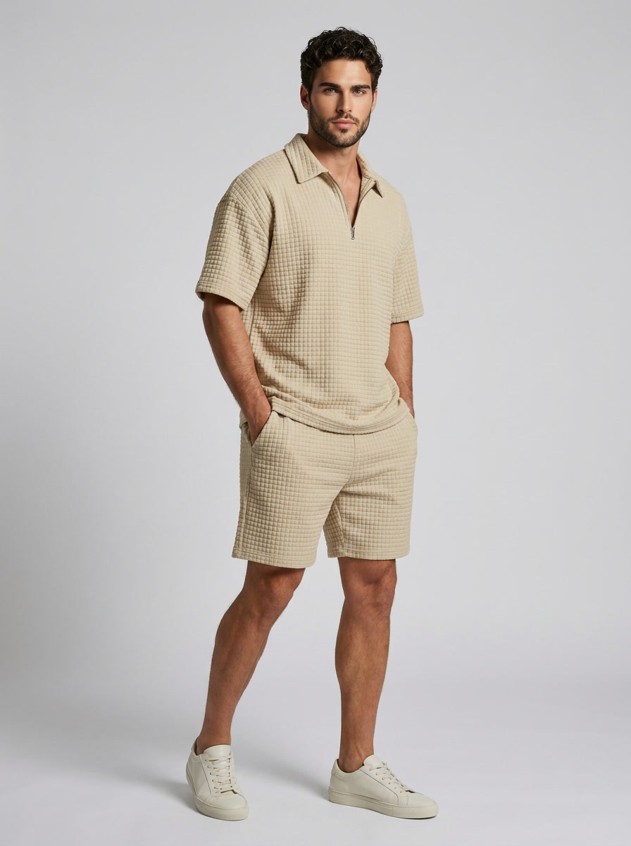 Men's waffle knit polo and shorts co-ord set