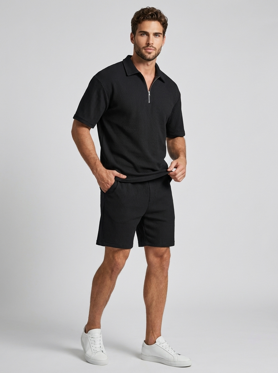 Men's waffle knit polo and shorts co-ord set