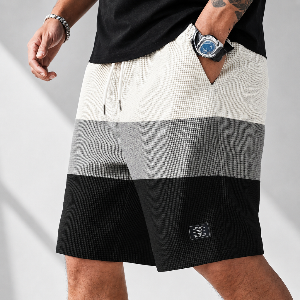 Men's white textured corduroy shorts with a drawstring waist