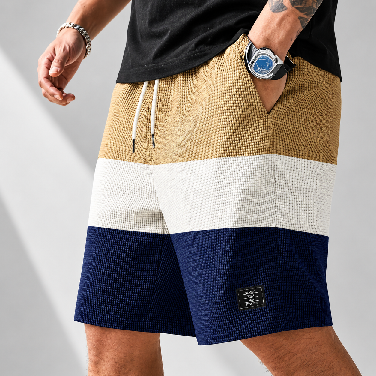 Men's white textured corduroy shorts with a drawstring waist