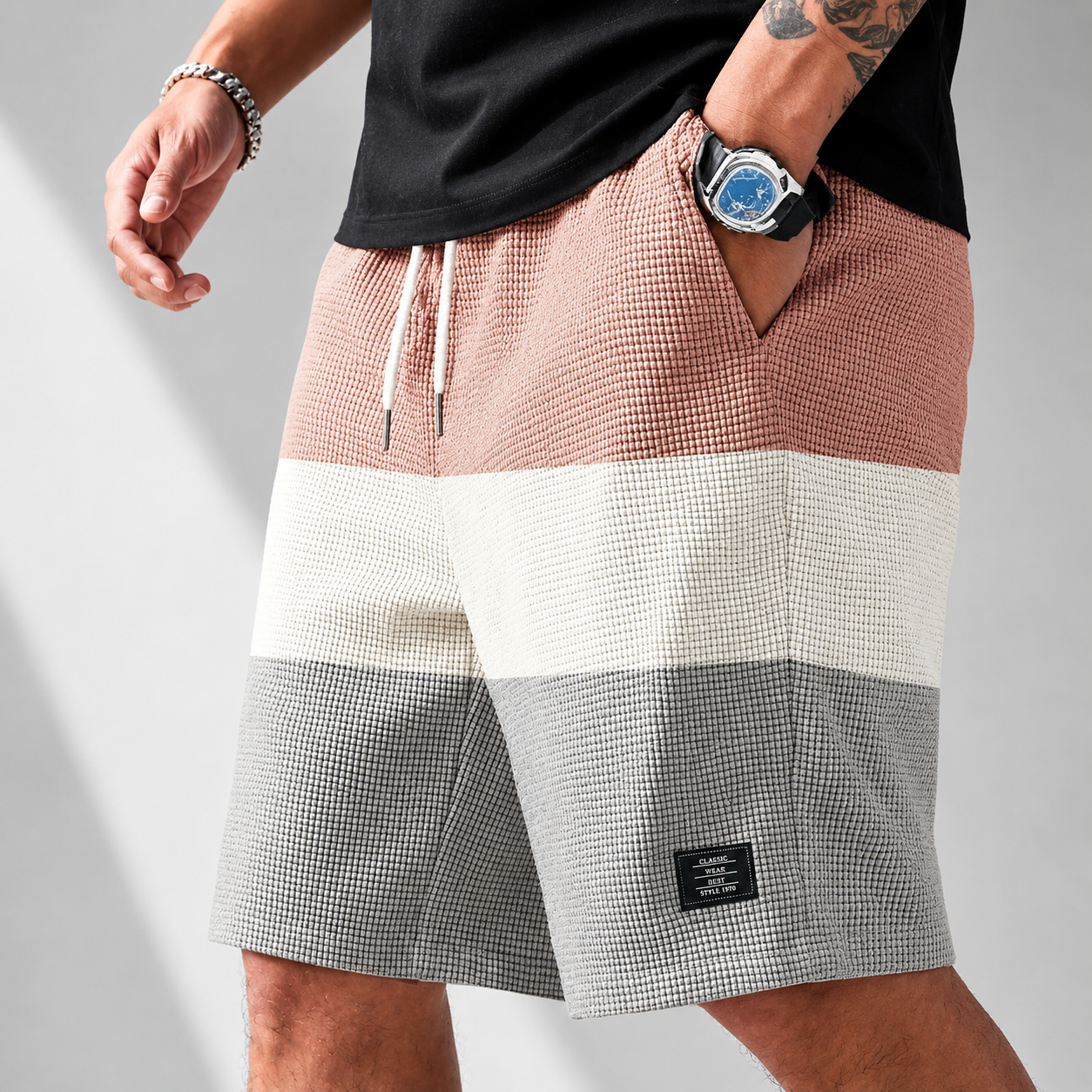 Men's white textured corduroy shorts with a drawstring waist