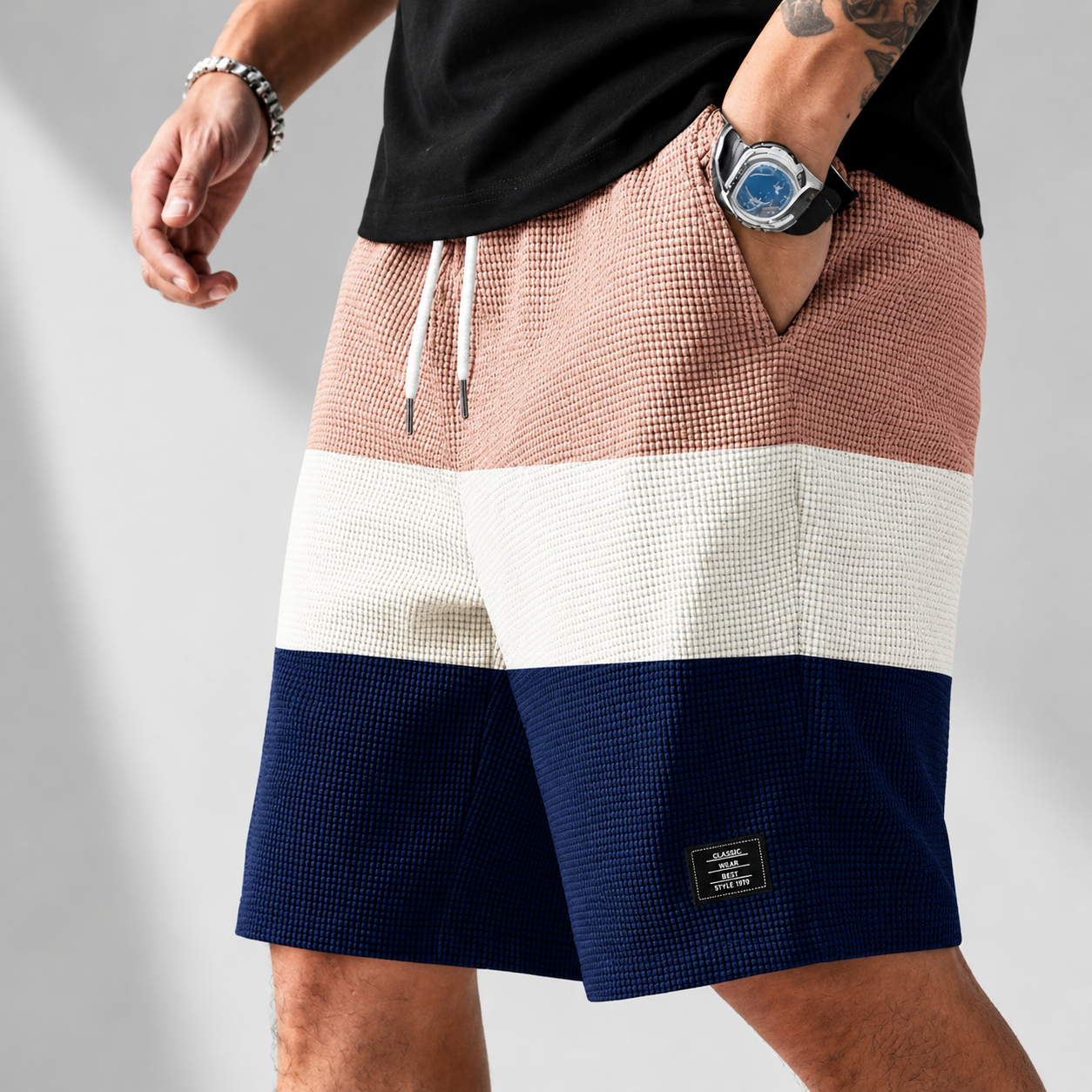 Men's white textured corduroy shorts with a drawstring waist