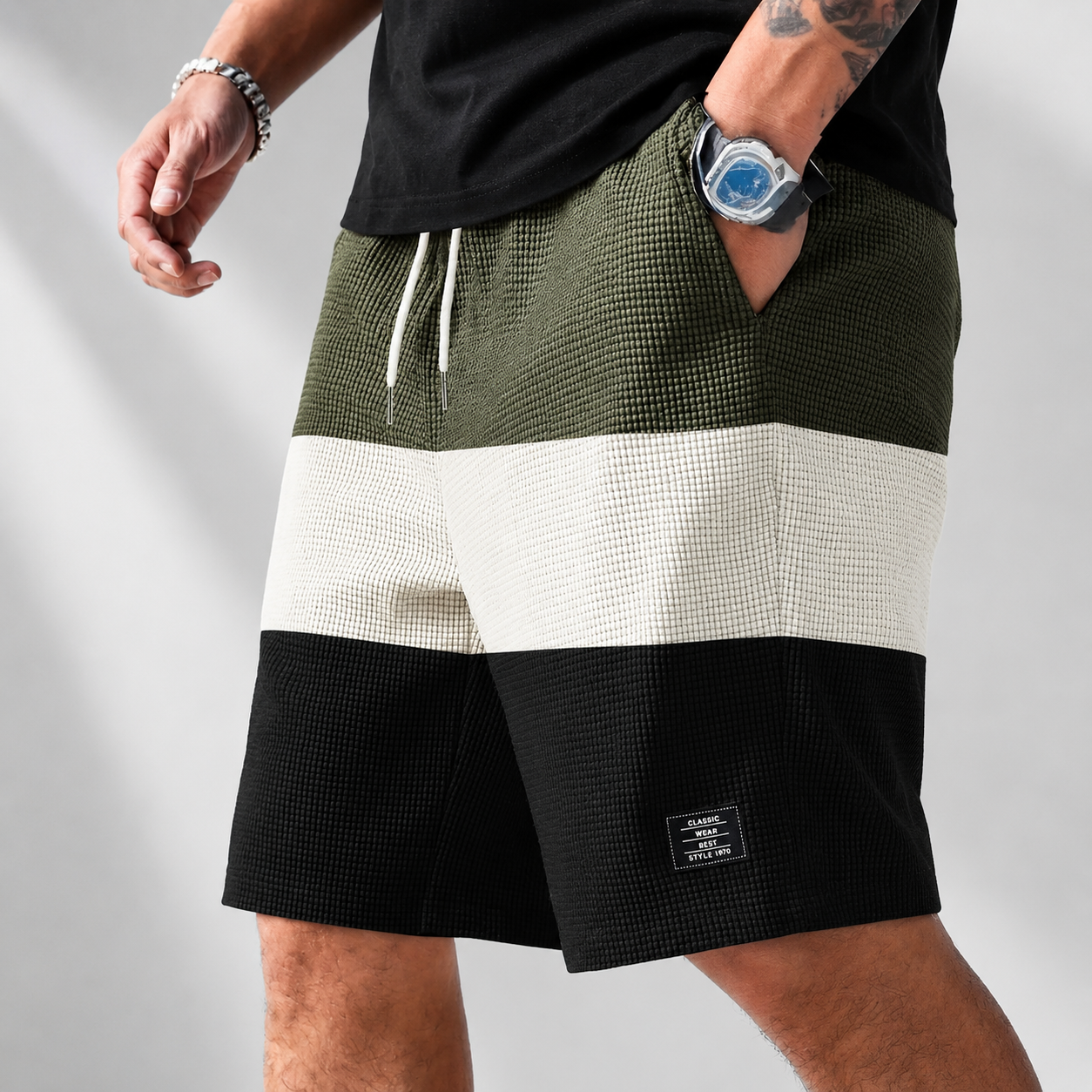 Men's white textured corduroy shorts with a drawstring waist