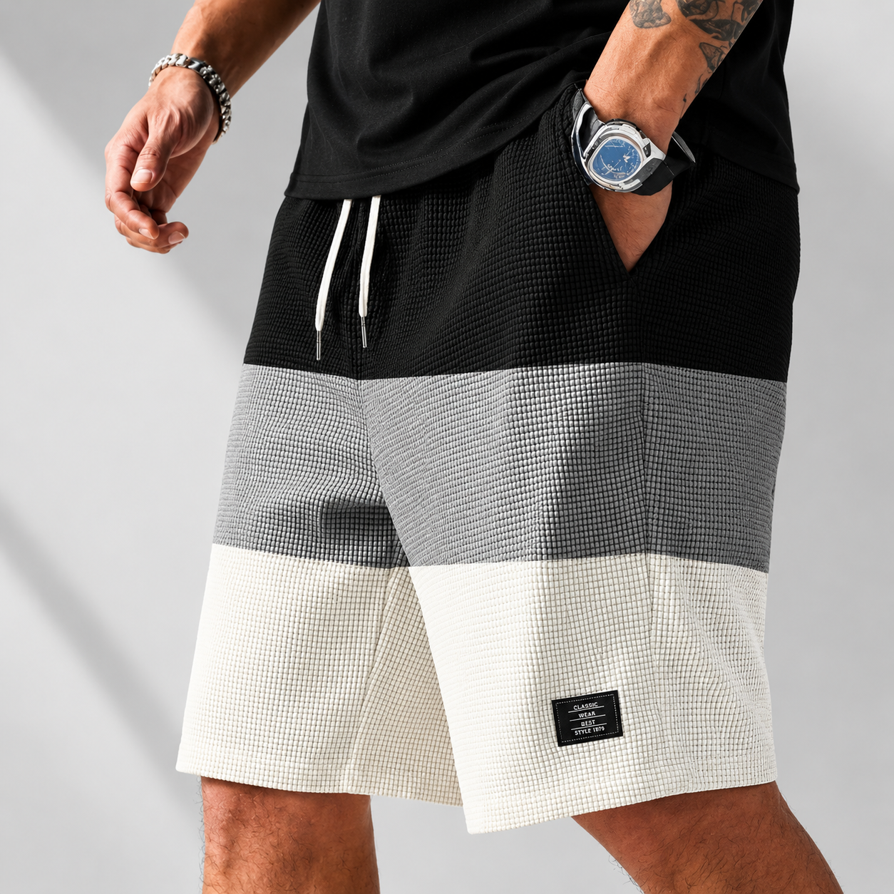 Men's white textured corduroy shorts with a drawstring waist