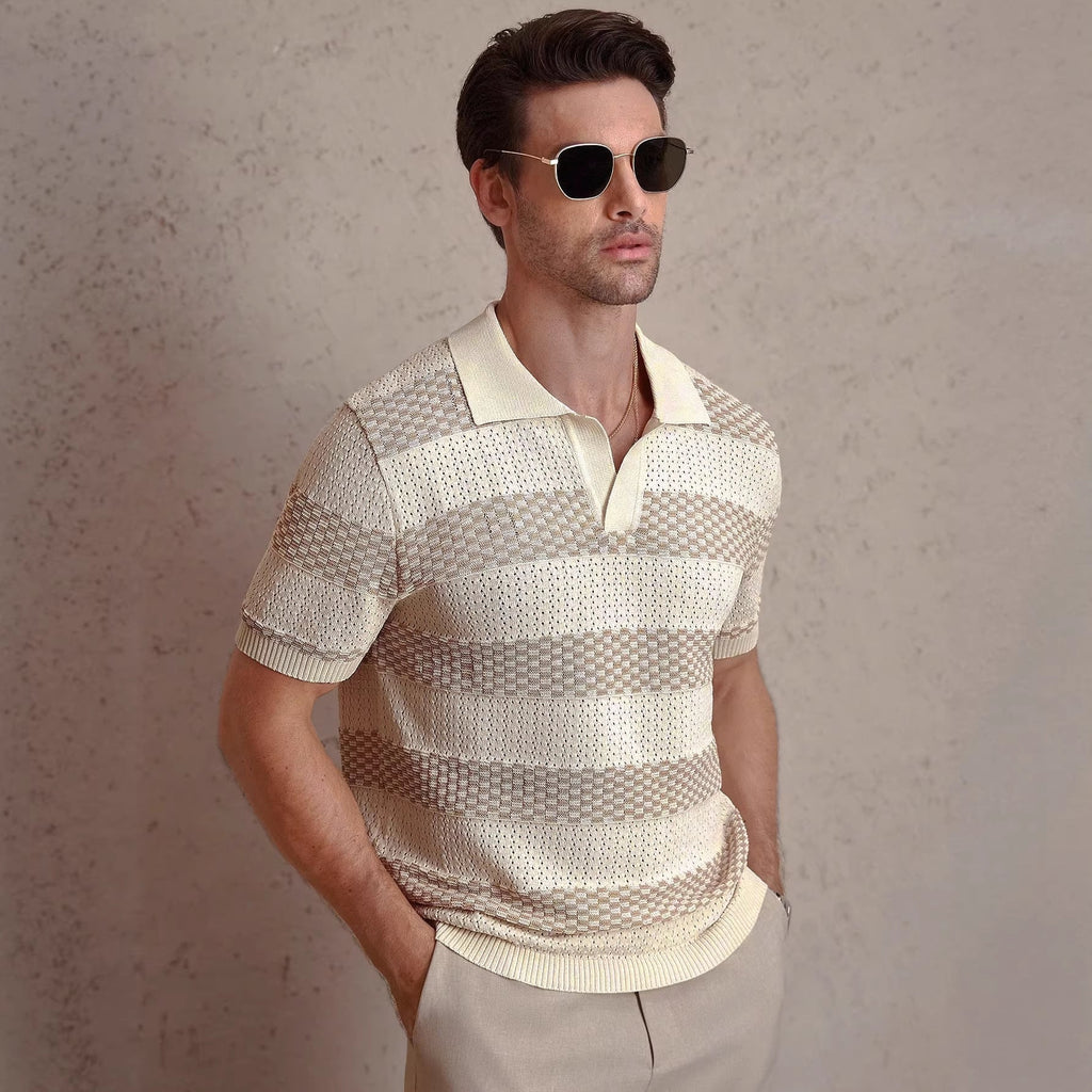 Men's beige textured stripe shirt with an open collar