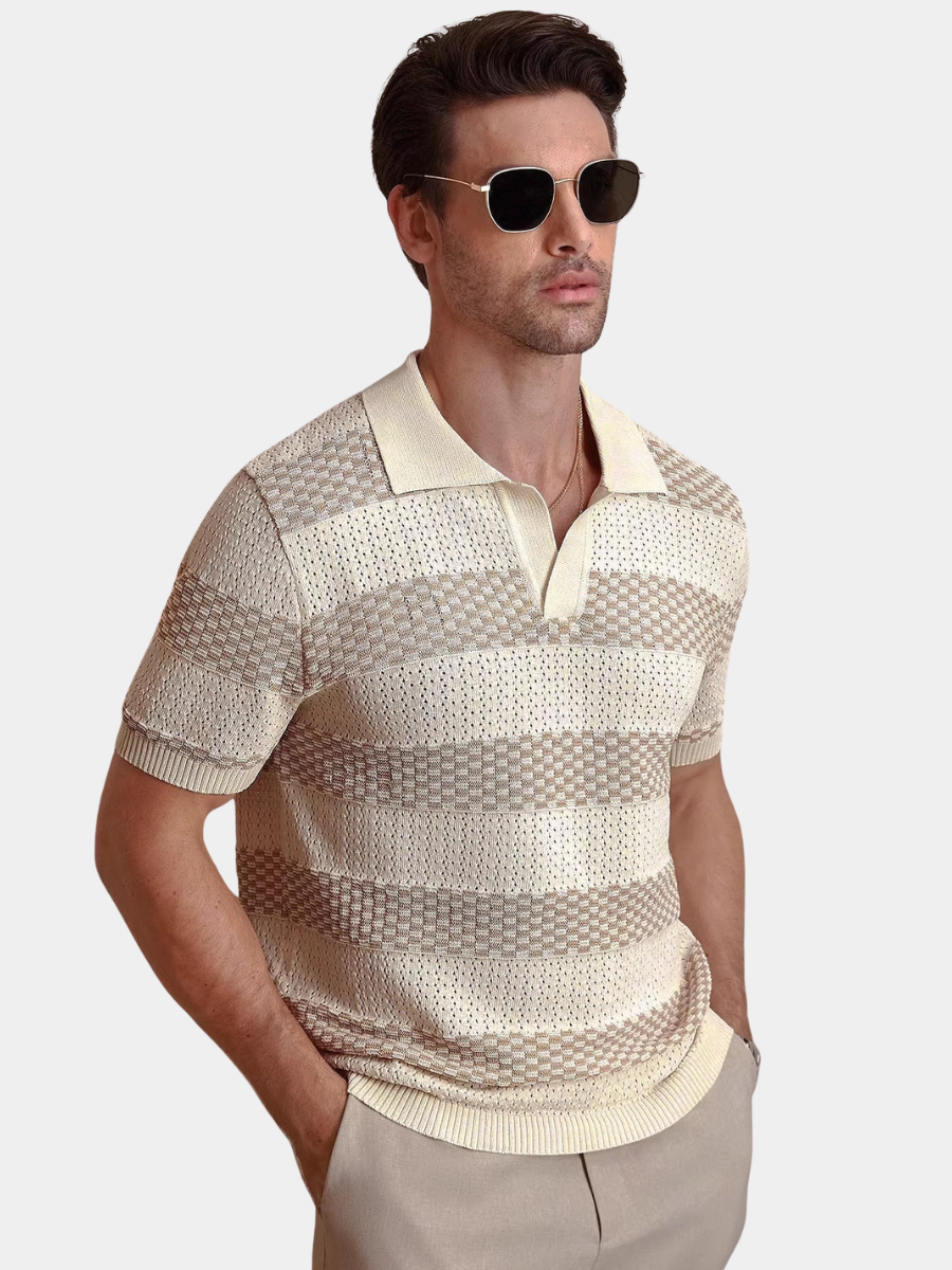 Men's beige textured stripe shirt with an open collar