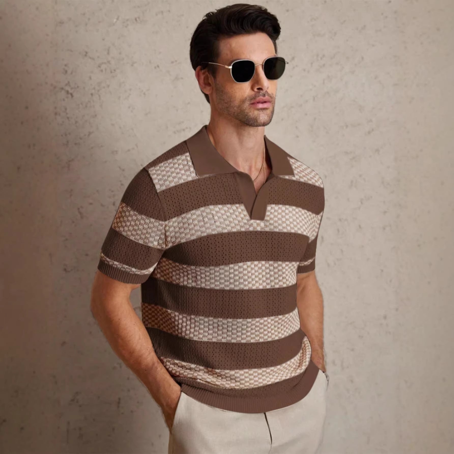 Men's beige textured stripe shirt with an open collar