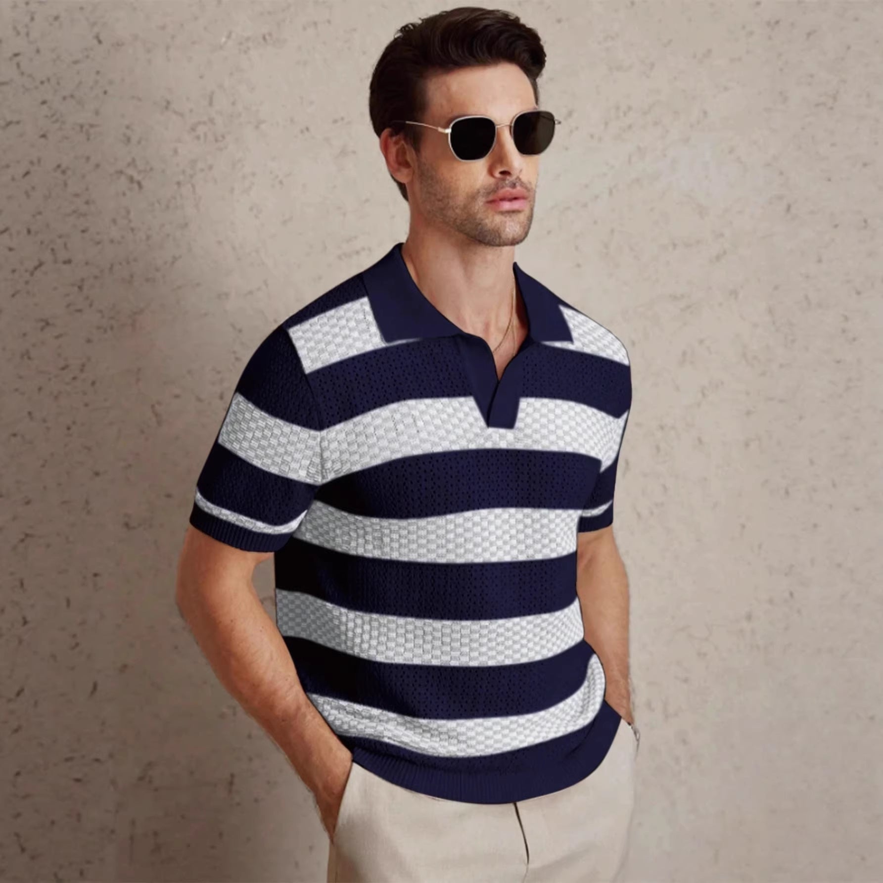 Men's beige textured stripe shirt with an open collar
