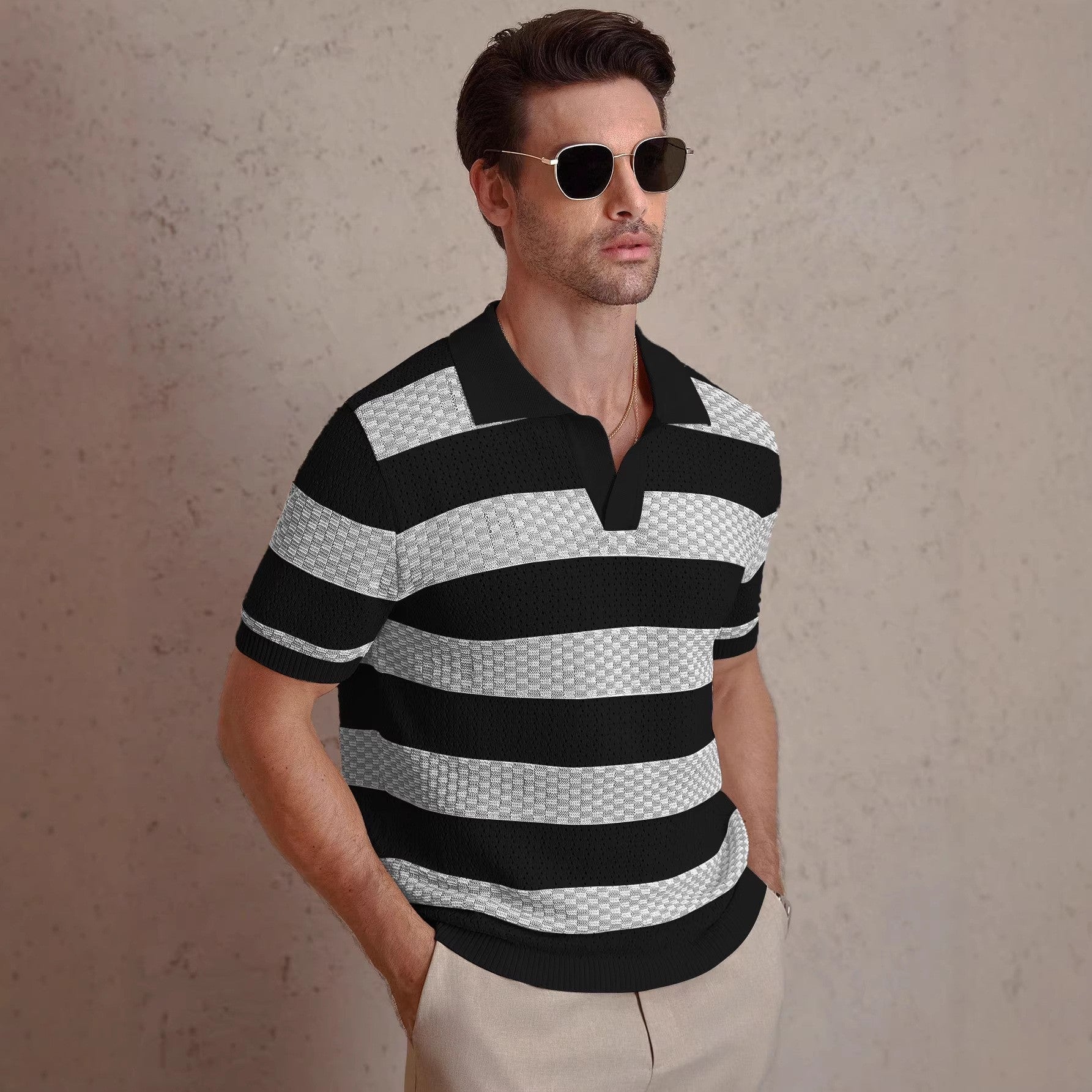 Men's beige textured stripe shirt with an open collar