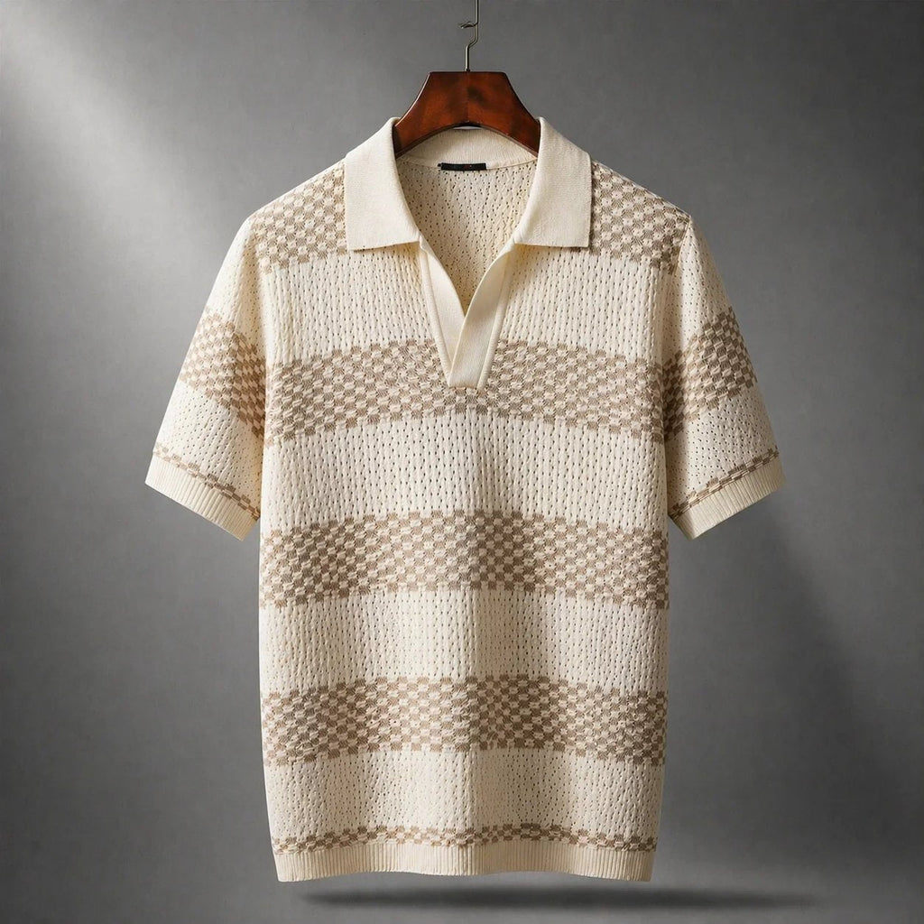 Men's brown textured stripe shirt with an open collar