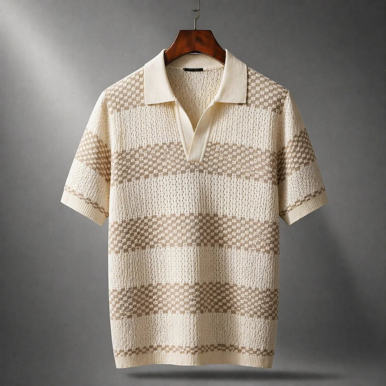 Men's brown textured stripe shirt with an open collar