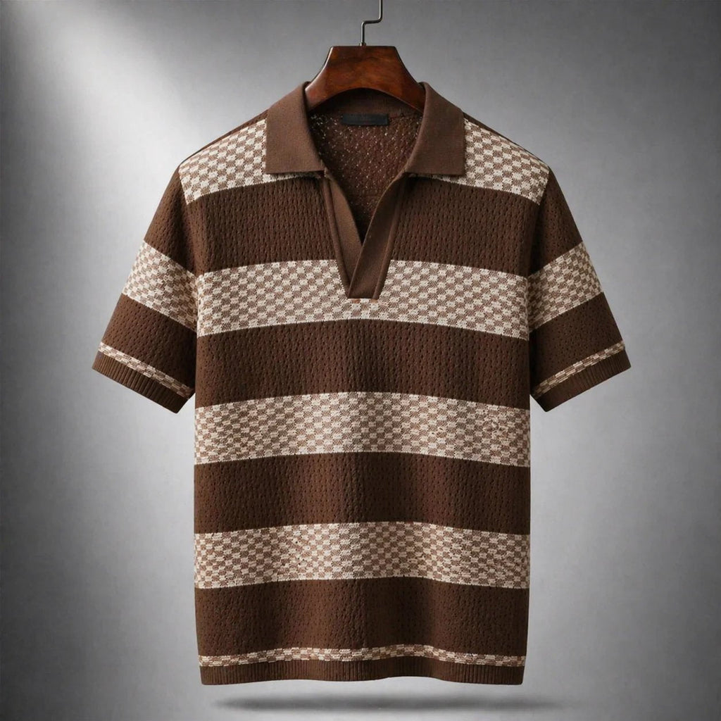 Men's brown textured stripe shirt with an open collar