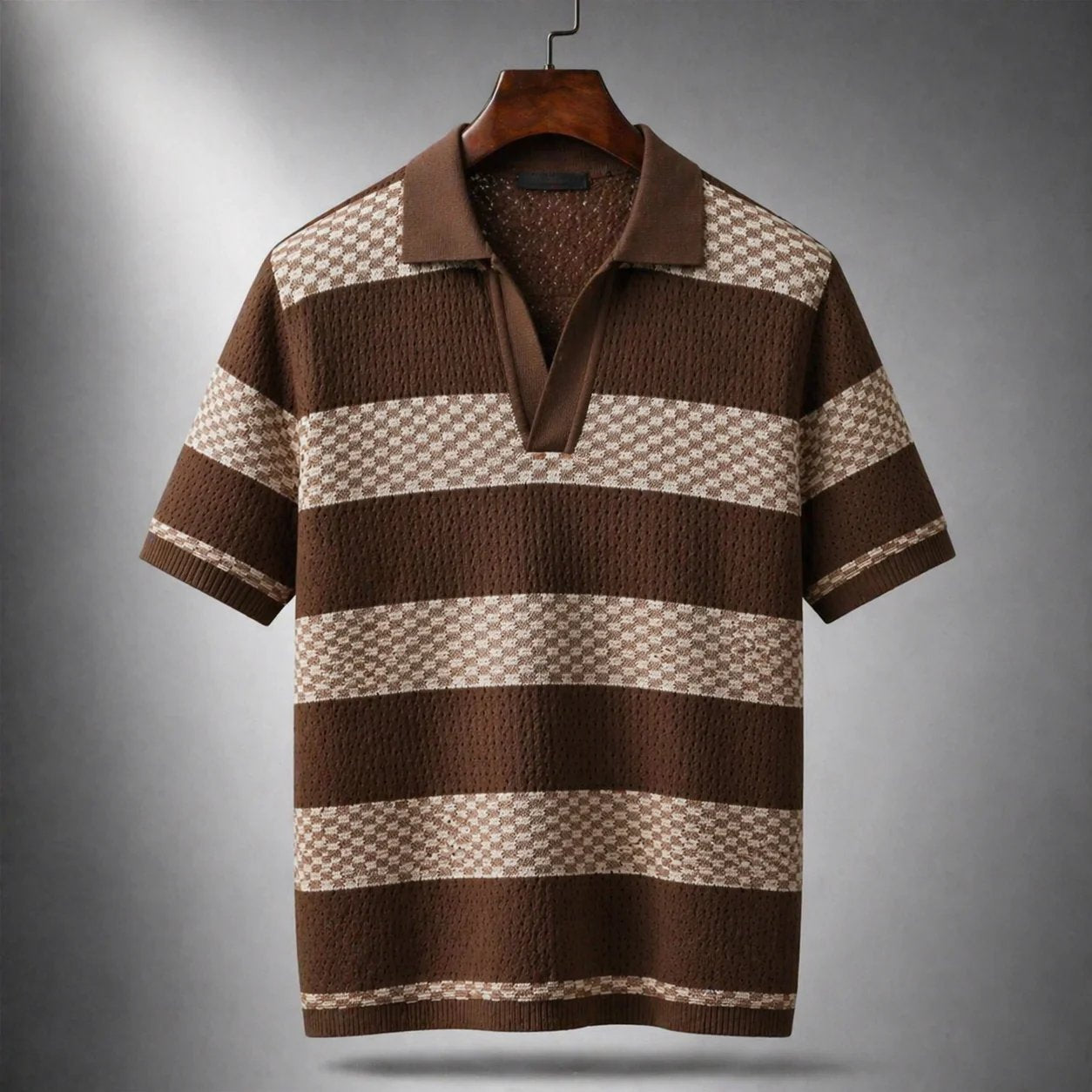 Men's brown textured stripe shirt with an open collar