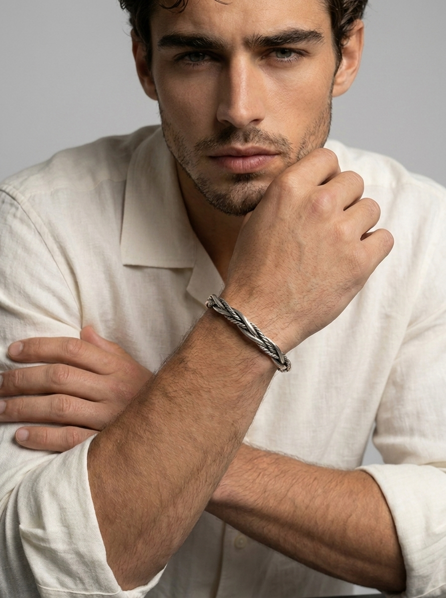 Men's silver-tone braided cuff bracelet
