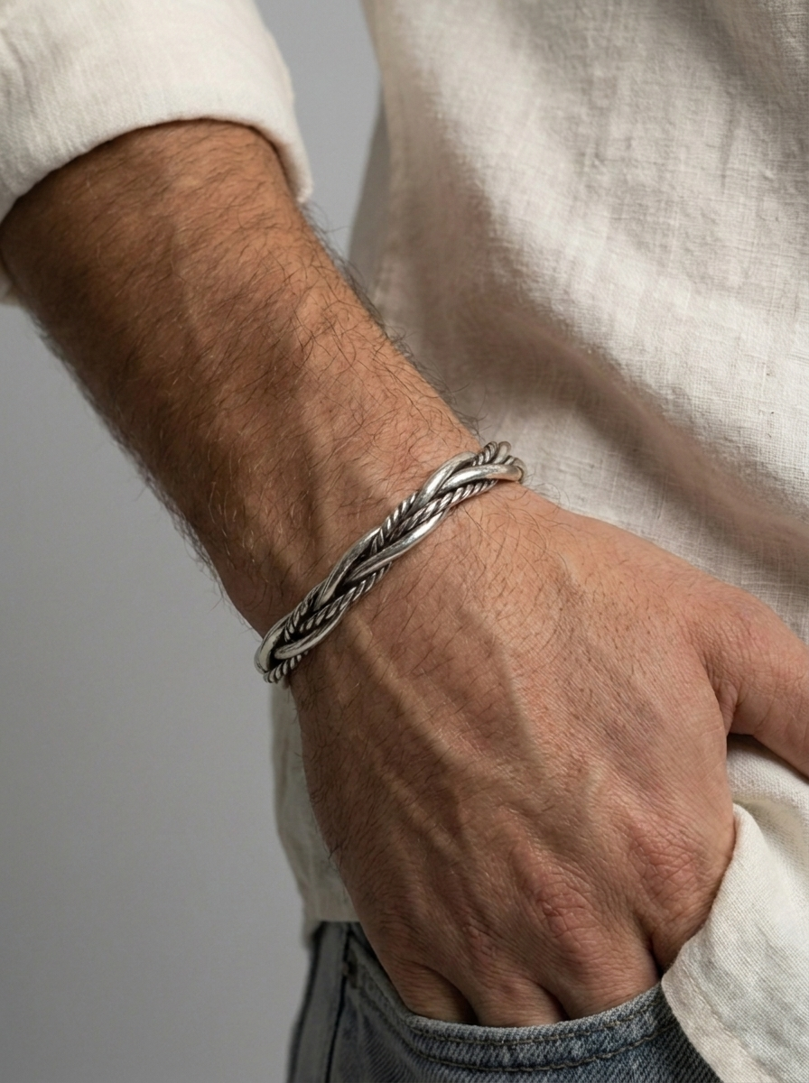 Men's silver-tone braided cuff bracelet