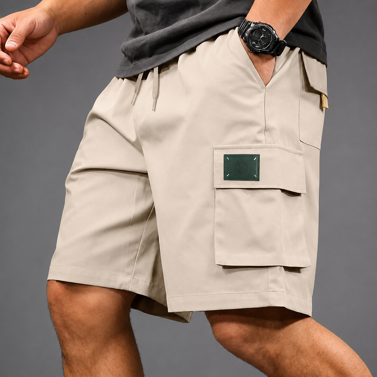 Men's white utility cargo shorts with multiple pockets
