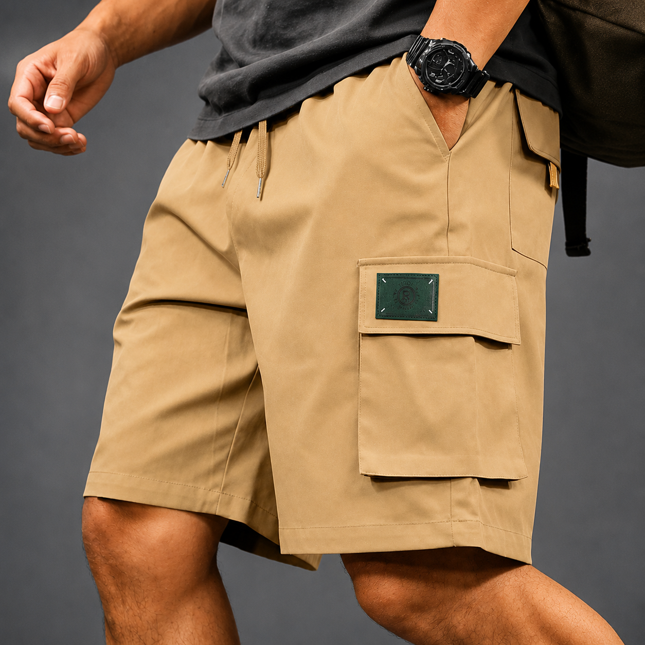Men's white utility cargo shorts with multiple pockets