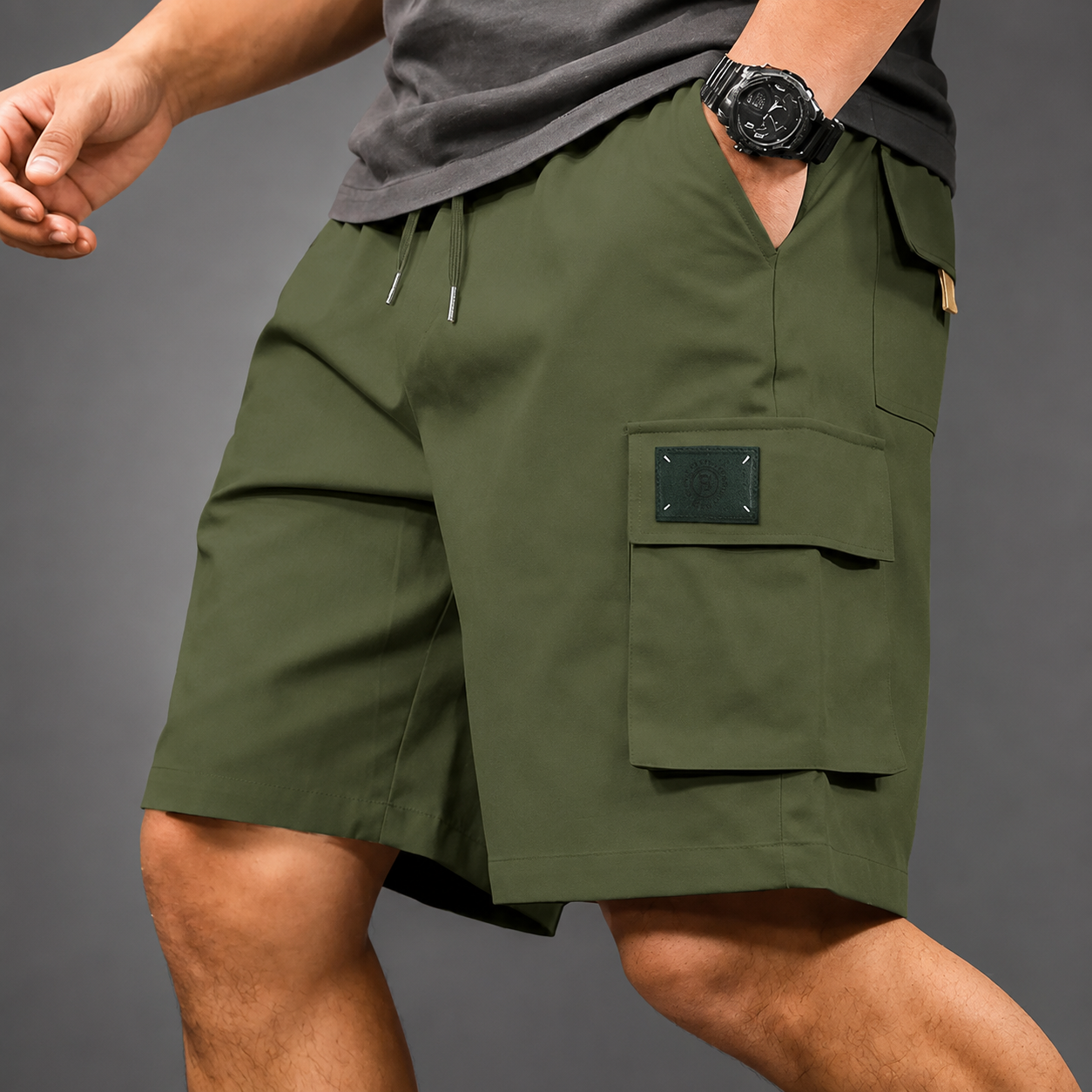 Men's white utility cargo shorts with multiple pockets