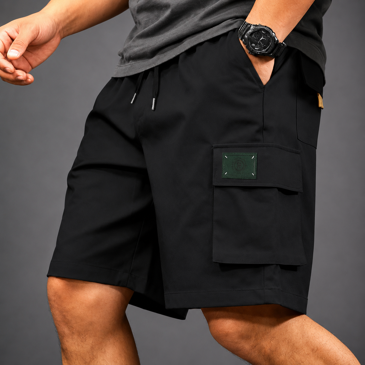 Men's white utility cargo shorts with multiple pockets