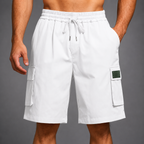 Men's beige utility cargo shorts with multiple pockets