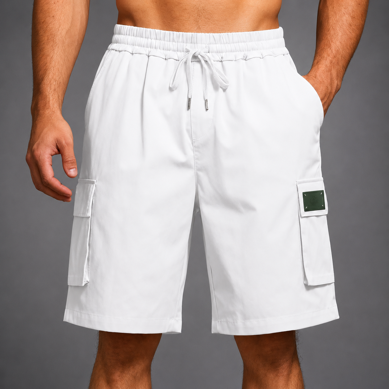 Men's beige utility cargo shorts with multiple pockets