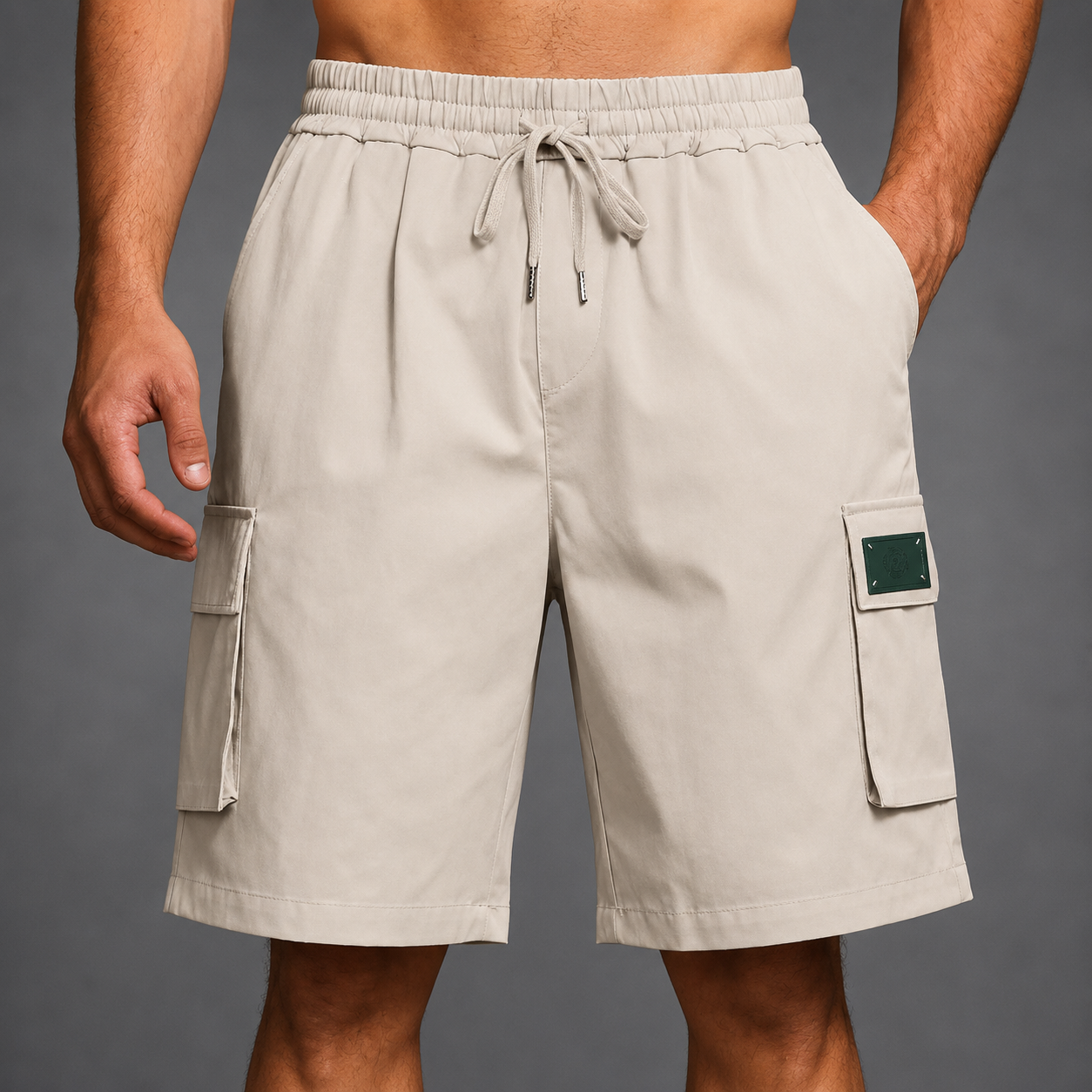 Men's beige utility cargo shorts with multiple pockets